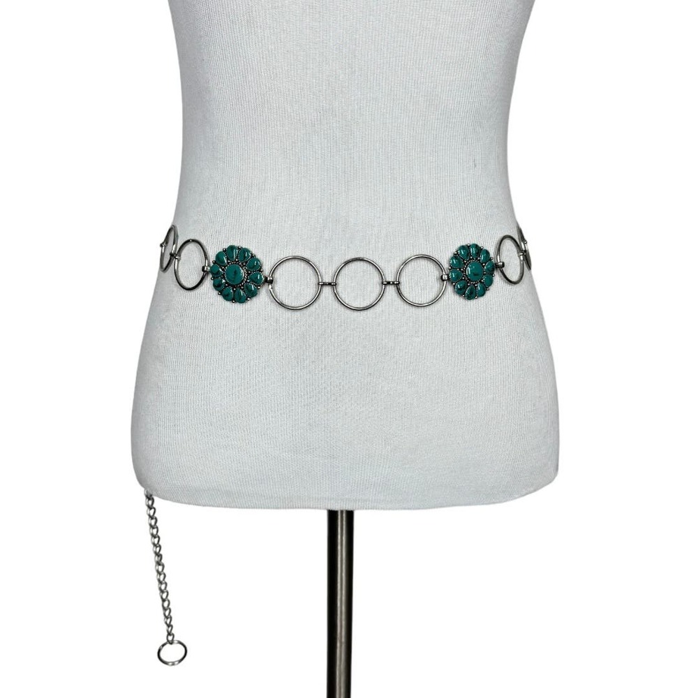 Western Boho Turquoise Concho Silver Tone Chain Belt OS Adjustable Rodeo